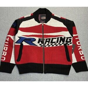 NWT Men's Small Copper Rivet Racing Zip Up Knit Sweater Red Moto Graphic Jacket